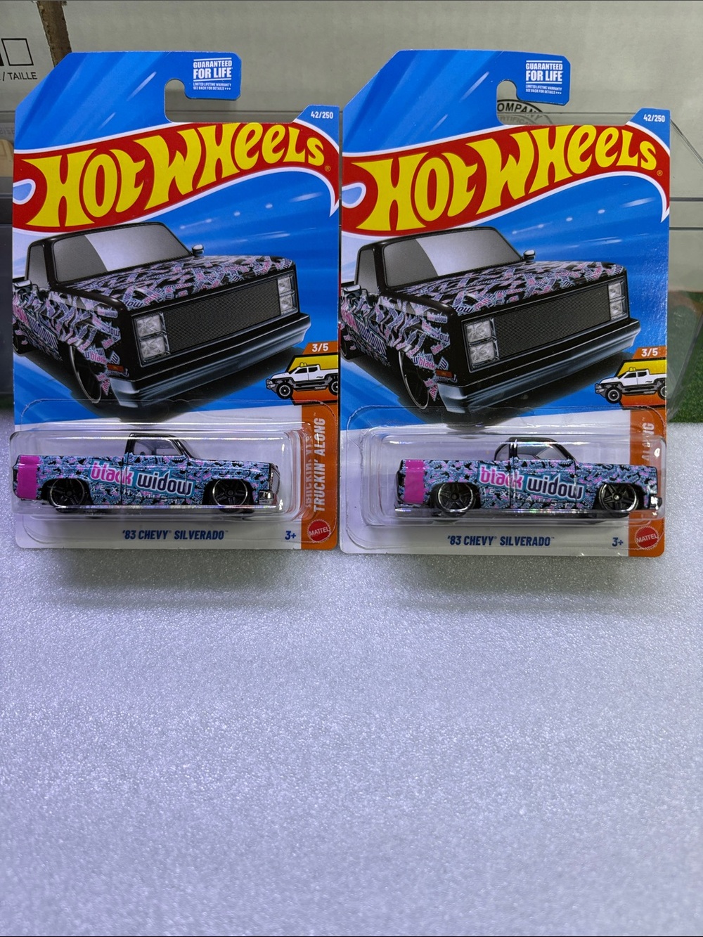 Hot Wheels '83 Chevy Silverado Black Widow Pink/Black Toy Truck - Set of 2